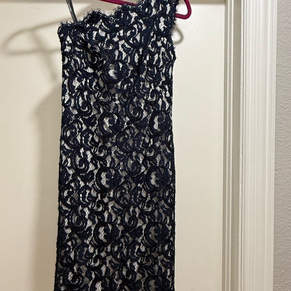 Tadashi Shoji Navy and Cream One-Shoulder Lace Dress